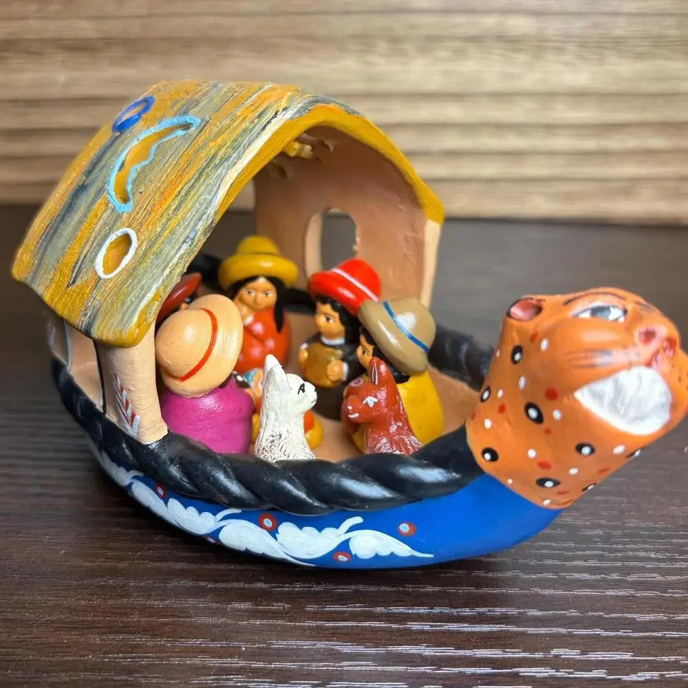 Handmade Peruvian Clay Nativity Scene in Jaguar Canoe: Folk Art Christmas Crèche